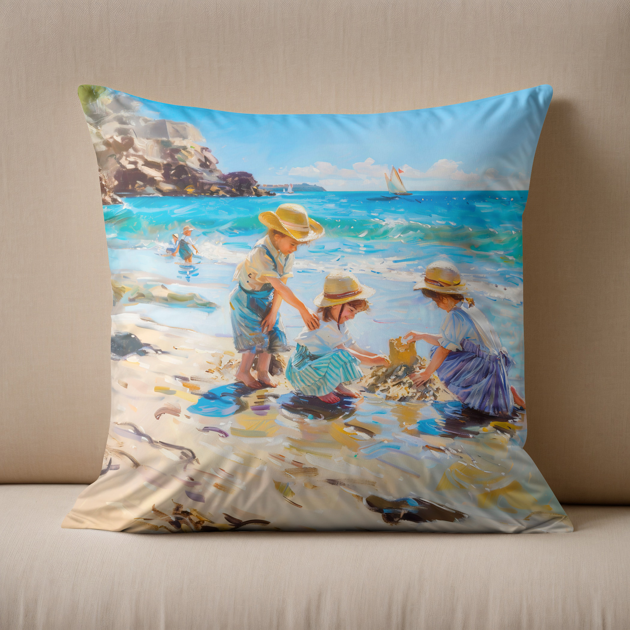 Kissen: Children Playing on the Beach Impressionist Art – Bild 2