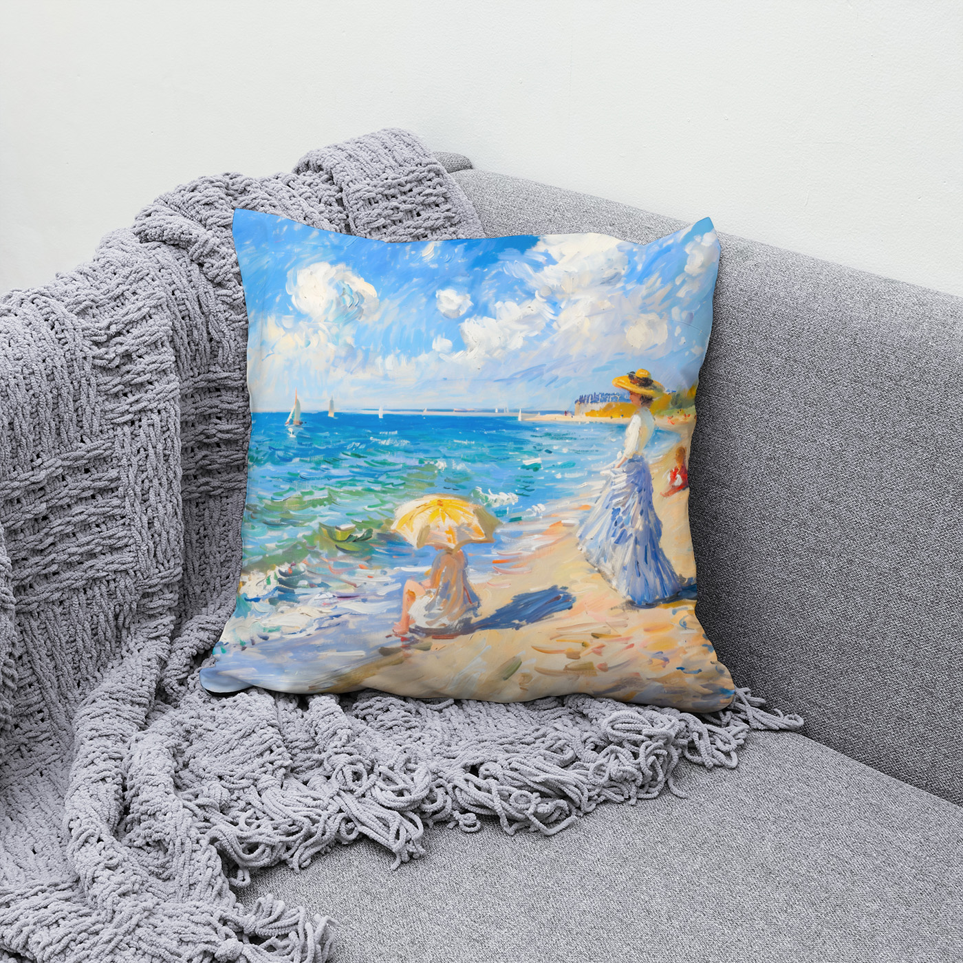Kissen: Woman with Parasol at the Beach Impressionism