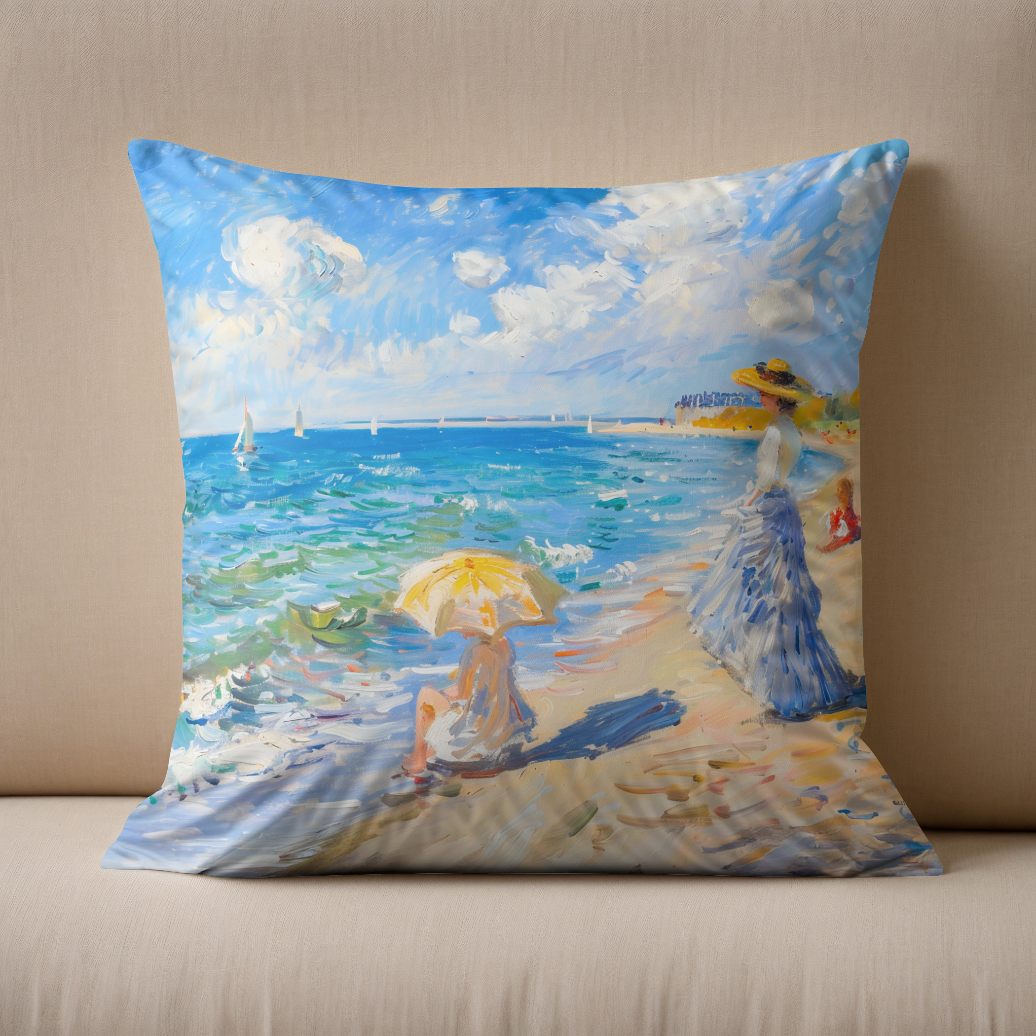 Kissen: Woman with Parasol at the Beach Impressionism - Image 2