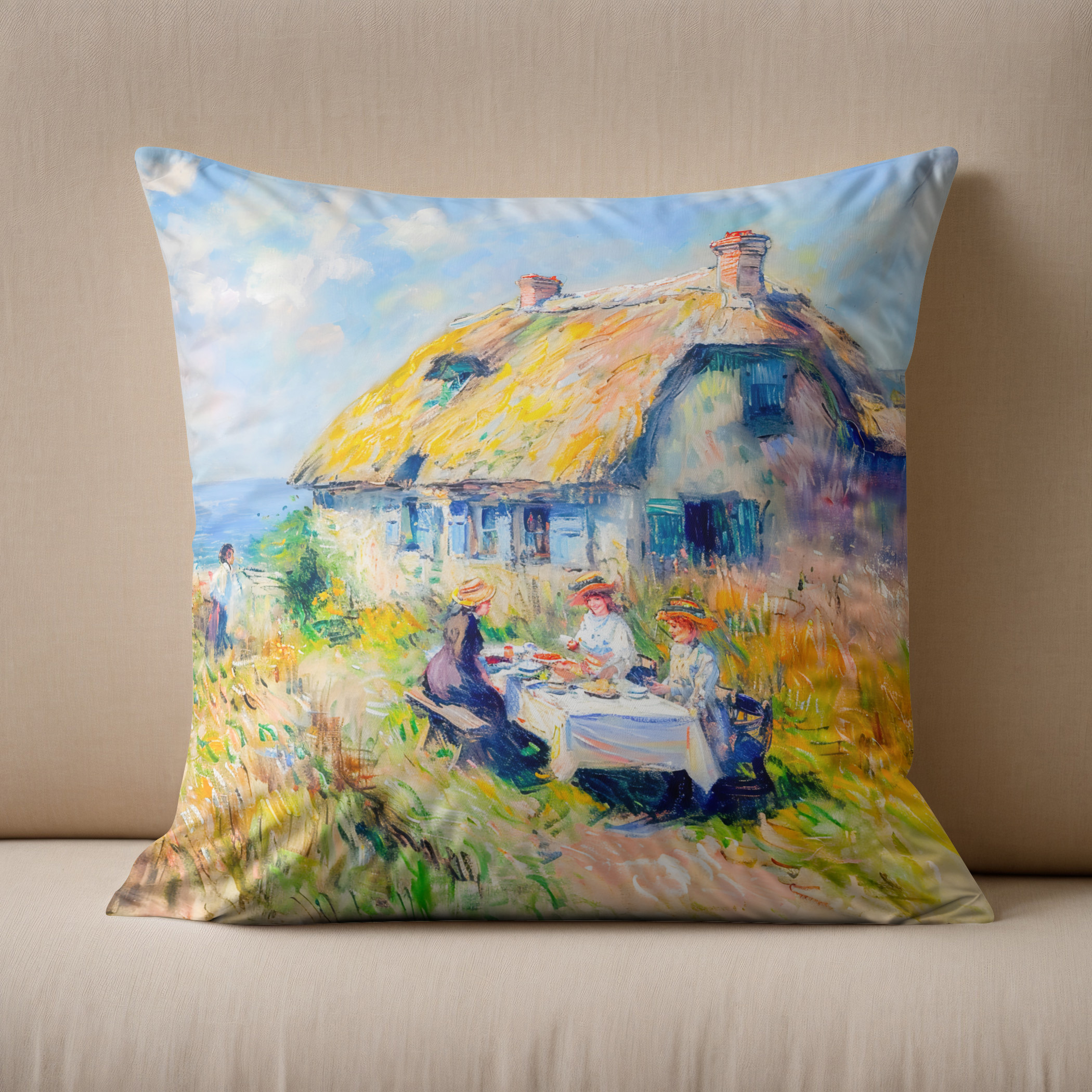 Kissen: Picnic by the Sea Impressionist Artwork