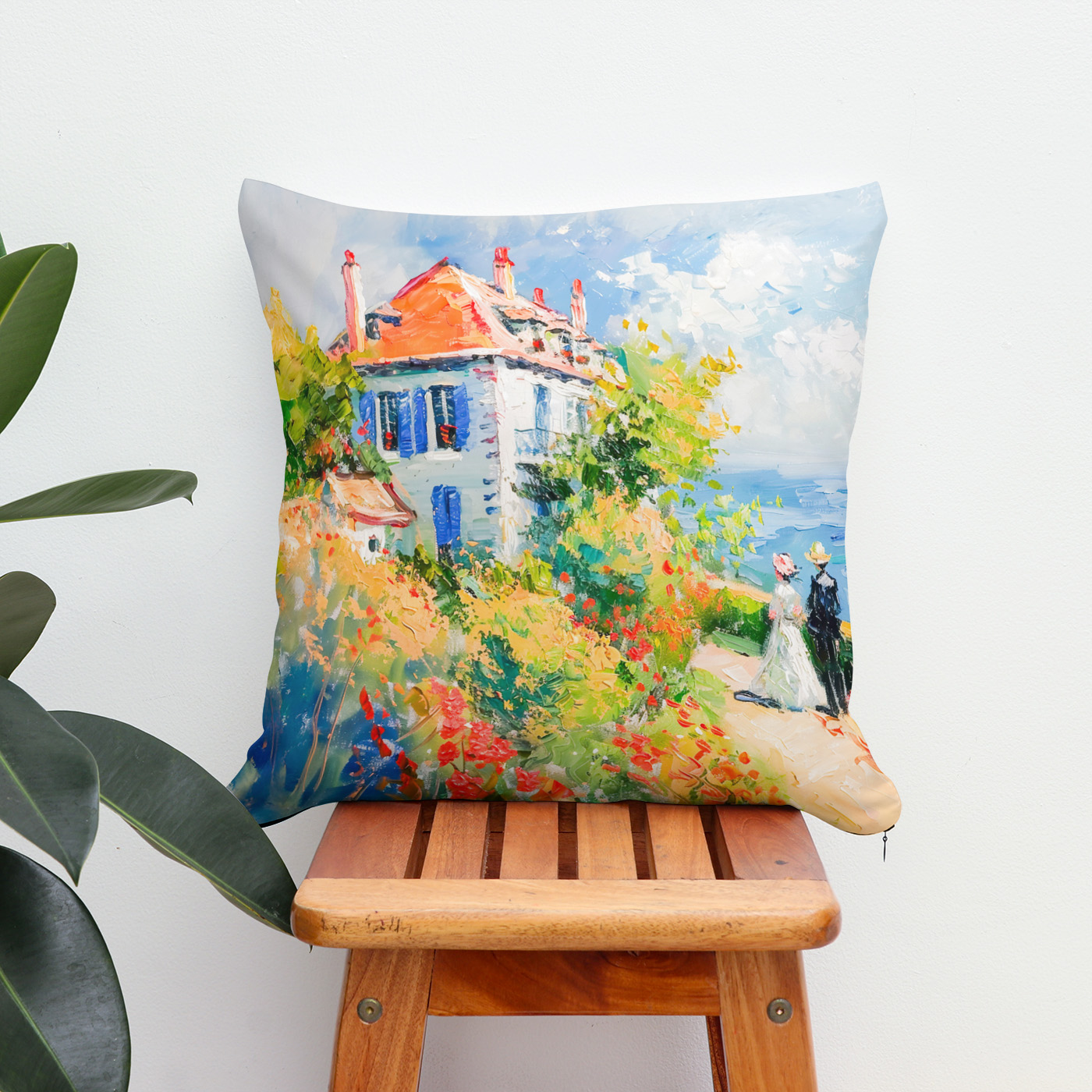 Kissen: Coastal House with Flowers Impressionist Seascape