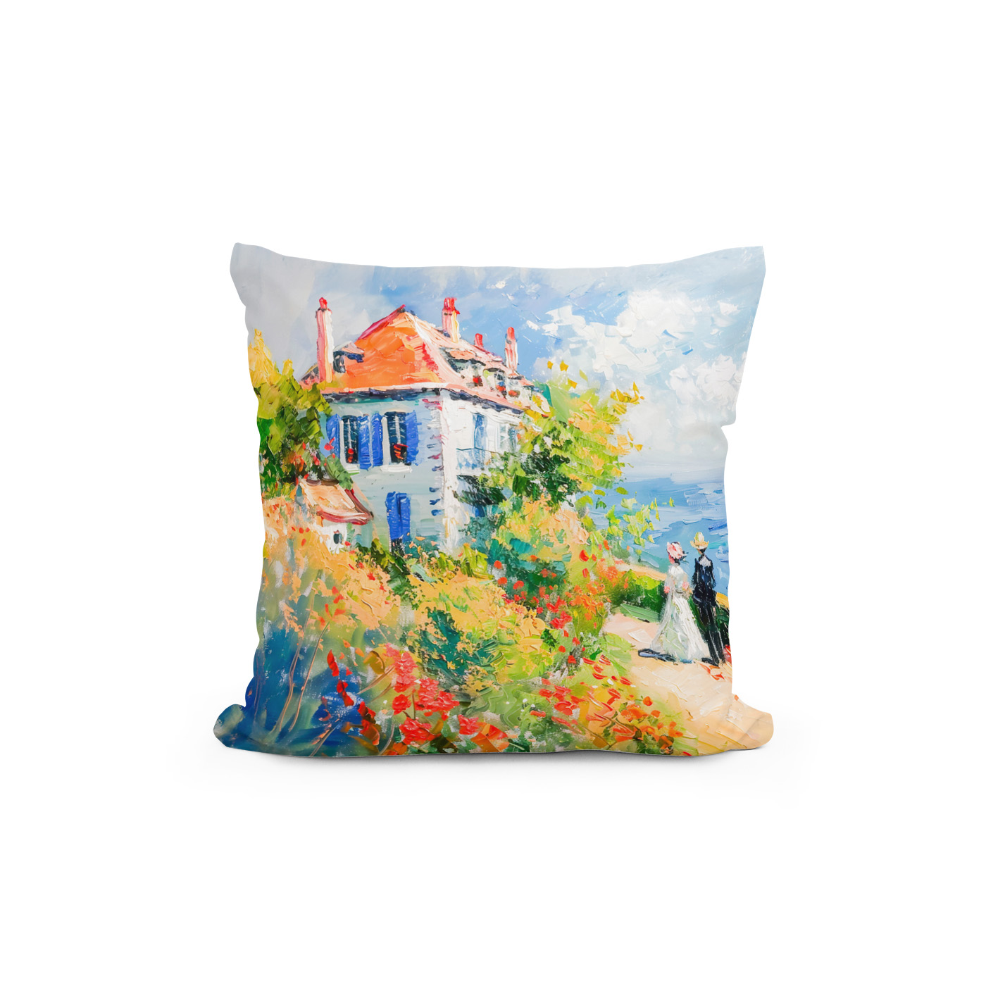Kissen: Coastal House with Flowers Impressionist Seascape - Imagen 2