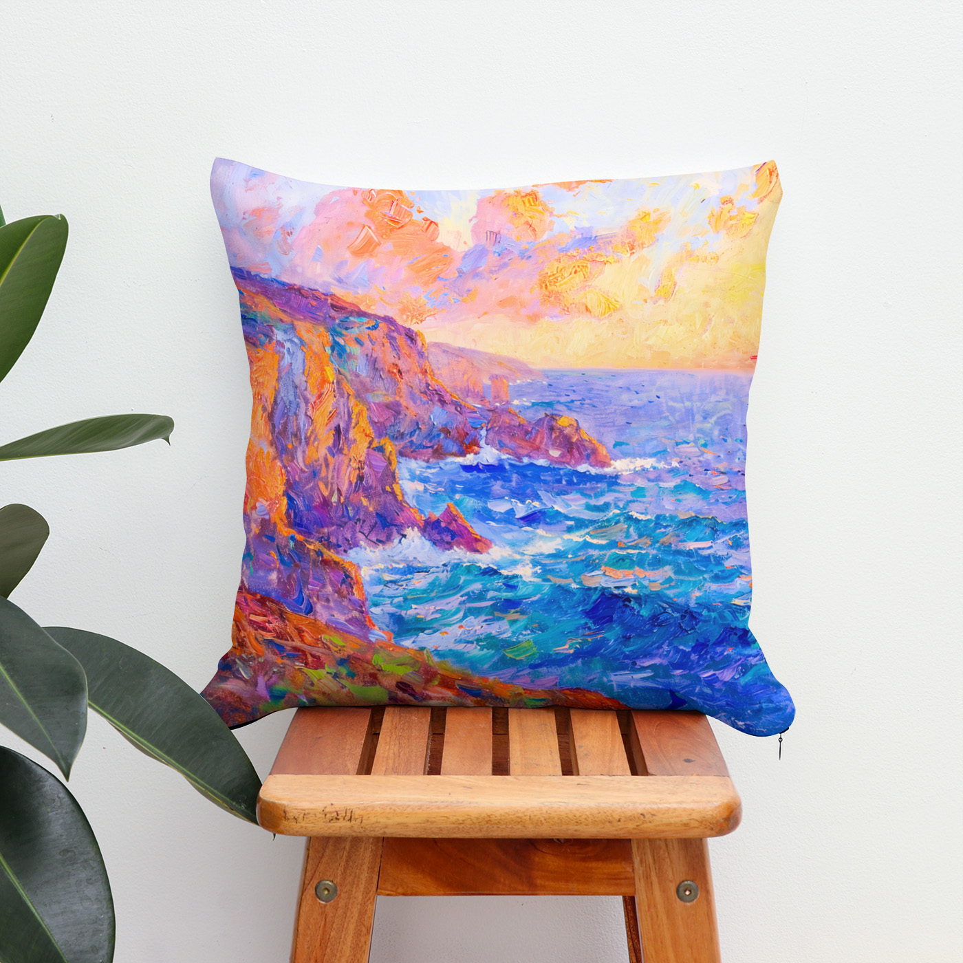 Kissen: Cliffs in Fiery Sunset Impressionist Landscape