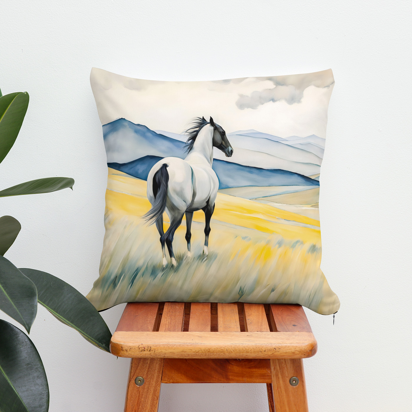 Kissen: White Horse Running in Sand, Dark Background
