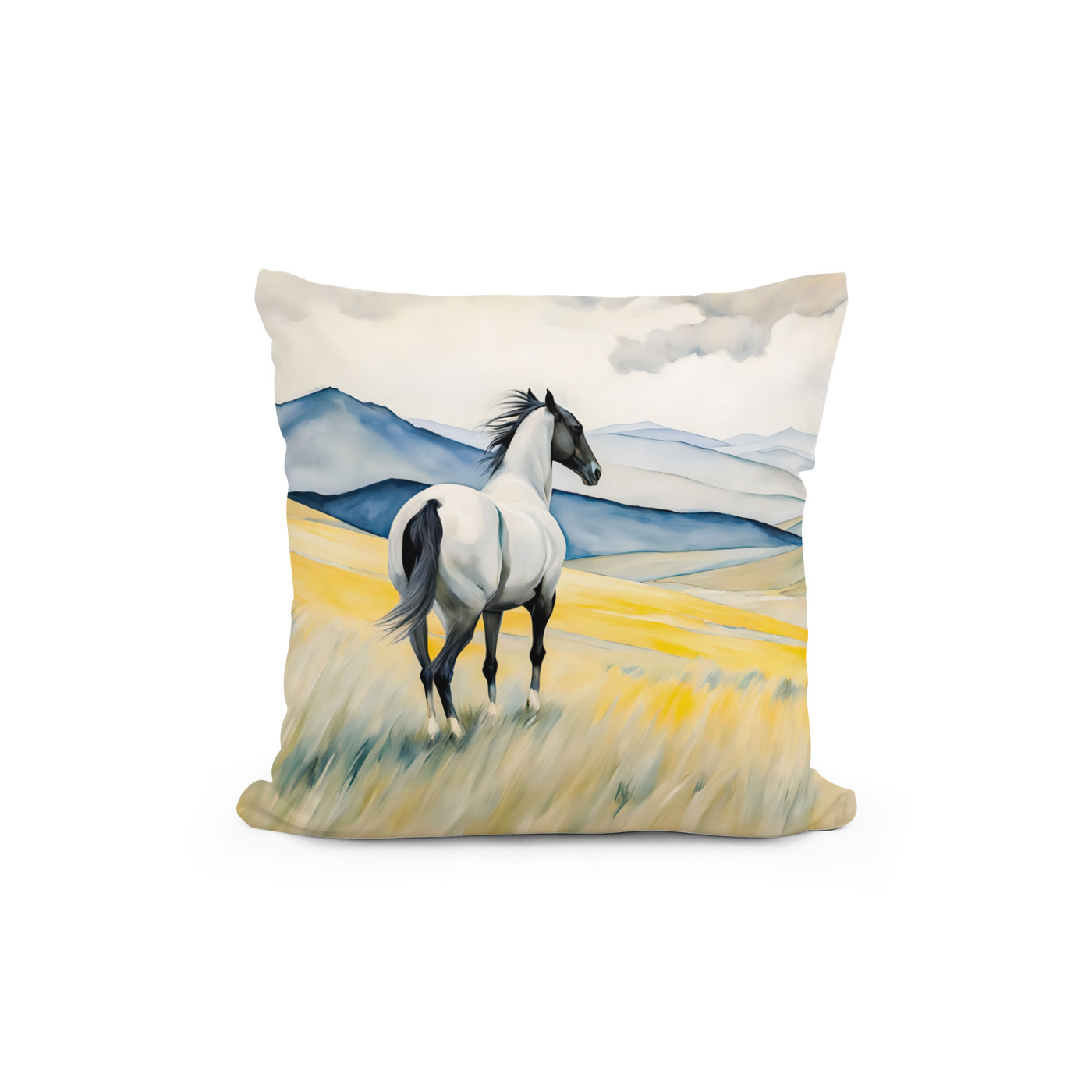Kissen: White Horse Running in Sand, Dark Background - Image 2