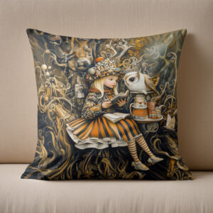 Kissen: Little Girl with Owl in a Tree Root House