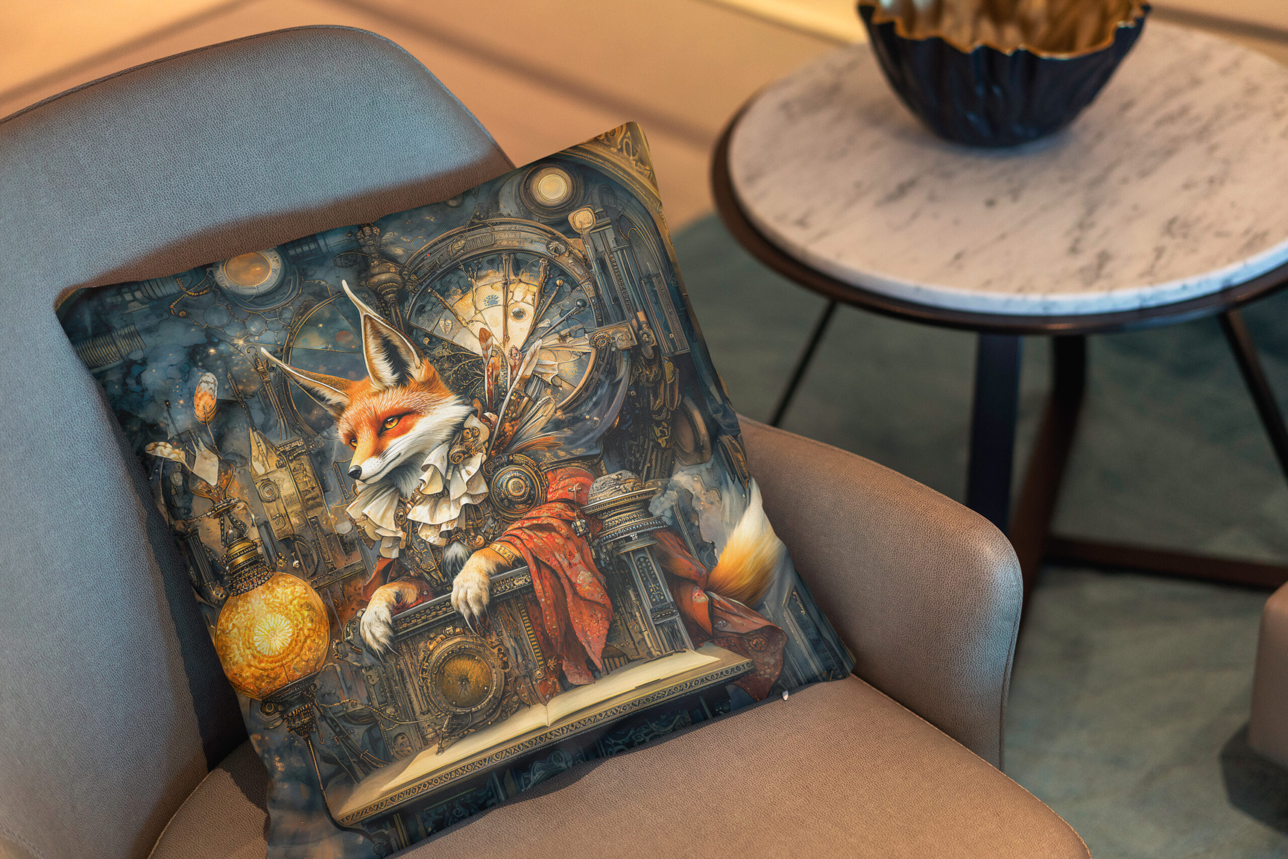 Kissen: Fox on a Steampunk Pulpit in a Mystical Scene