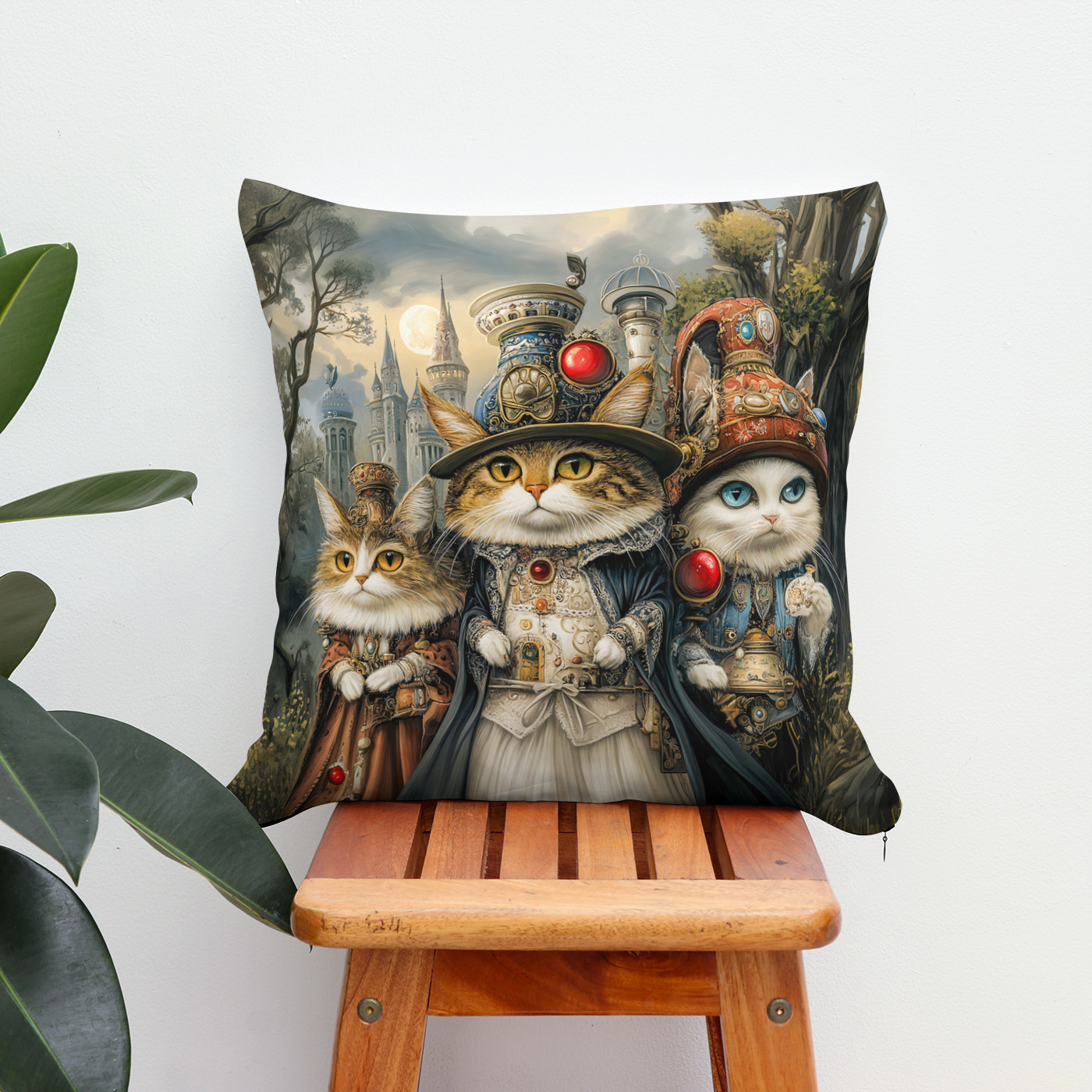 Kissen: Three Cats in Steampunk Fantasy Forest