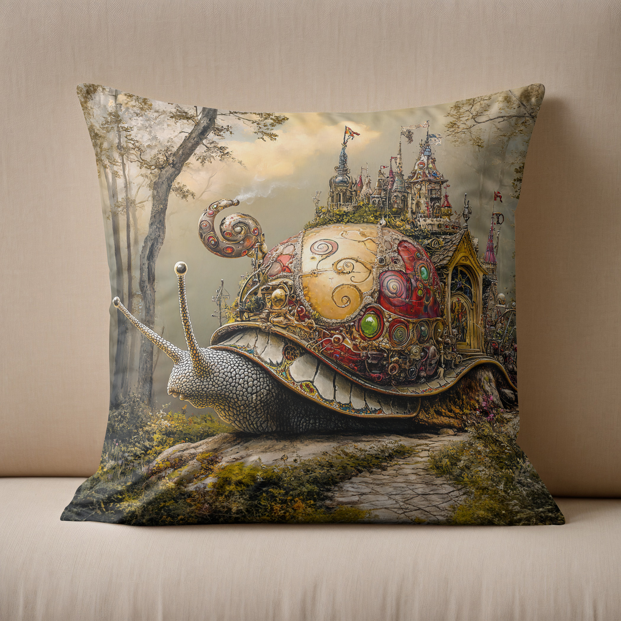 Kissen: Snail with Castle on Its Shell in Fantasy Scene