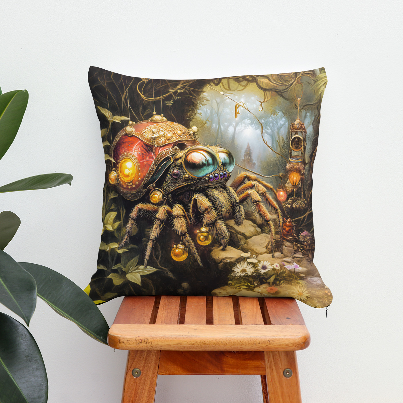 Kissen: Funny Spider with Snail Shell Body in Fantasy Forest – Image 2