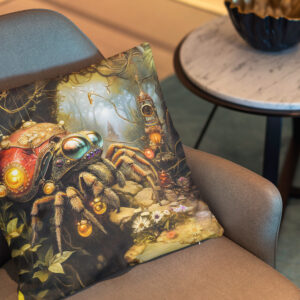 Kissen: Funny Spider with Snail Shell Body in Fantasy Forest