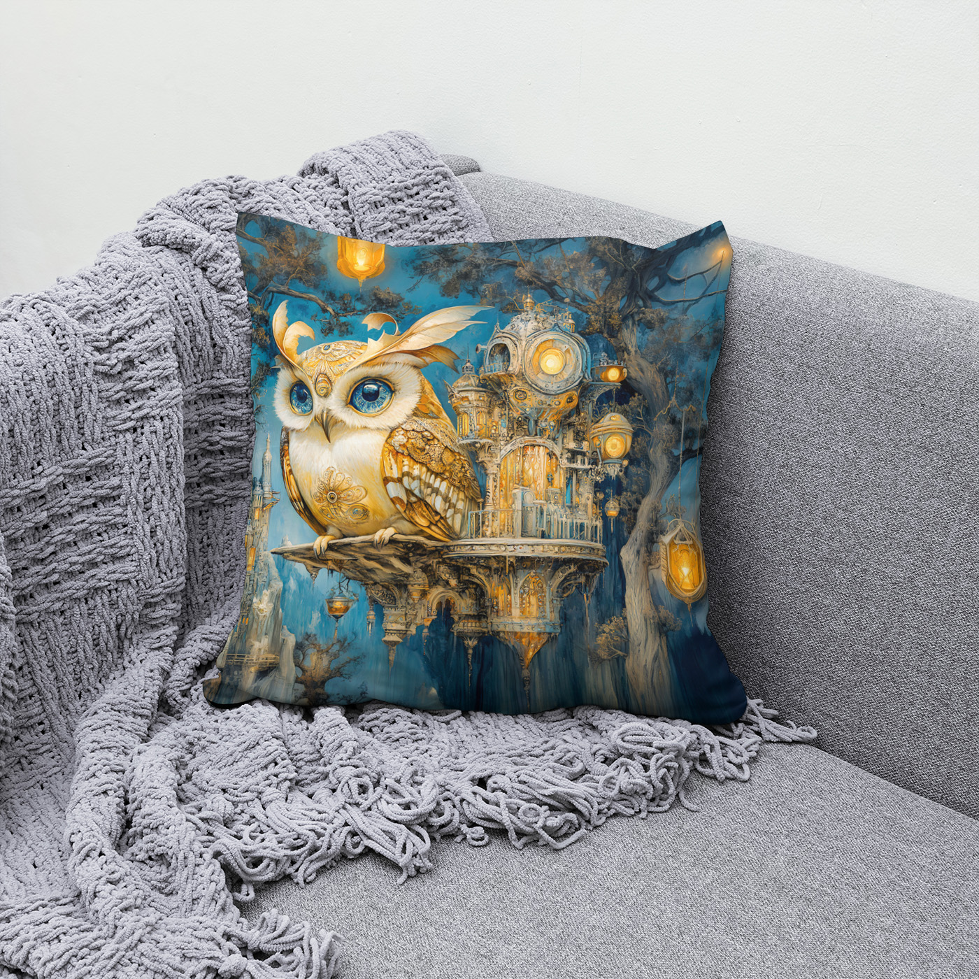 Kissen: Mystical Owl in a Tree Castle at Night