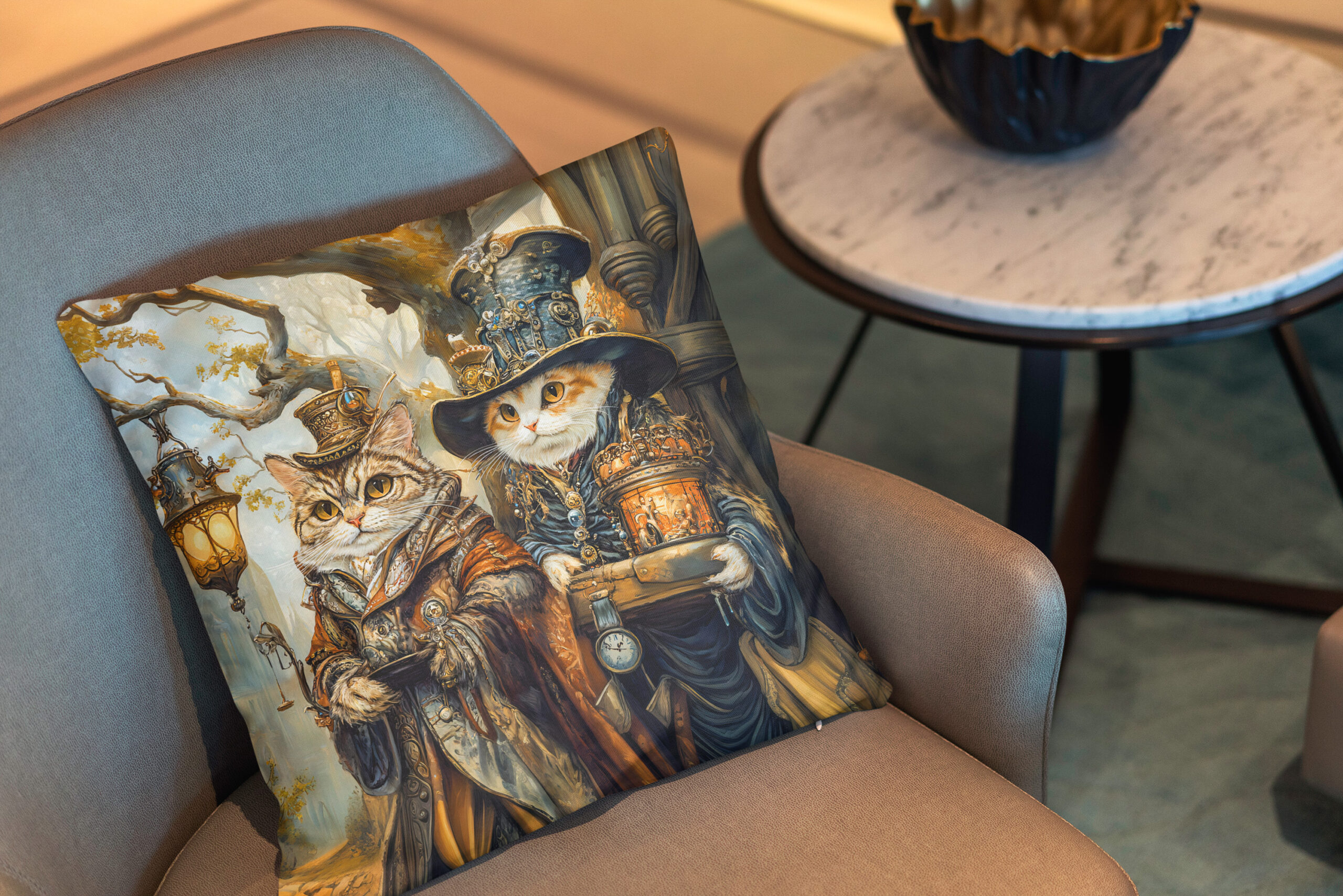 Kissen: Two Magic Cats in a Steampunk Fantasy Scene - immagine 2
