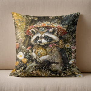 Kissen: Raccoon with a Fly Agaric Mushroom in Fantasy Forest