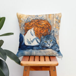 Kissen: Watercolor Woman Sleeping with Cat