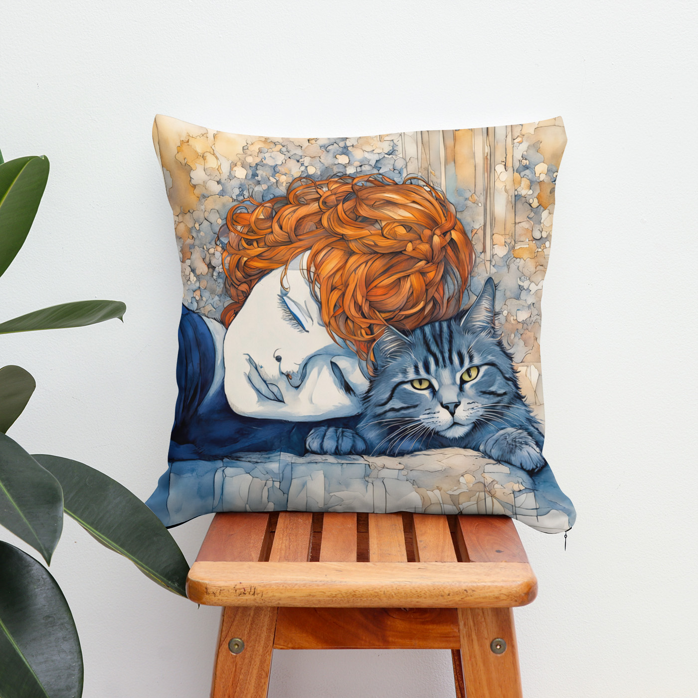 Kissen: Watercolor Woman Sleeping with Cat