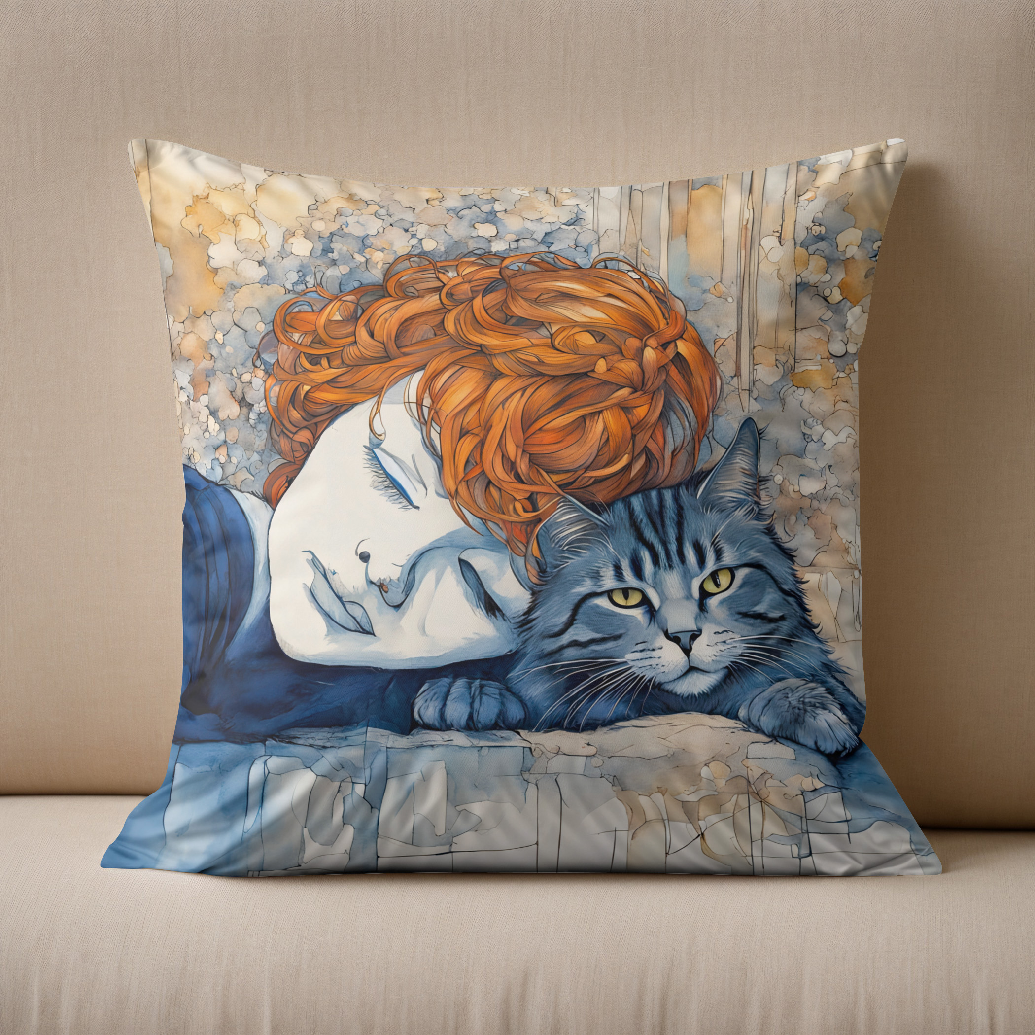 Kissen: Watercolor Woman Sleeping with Cat - immagine 2