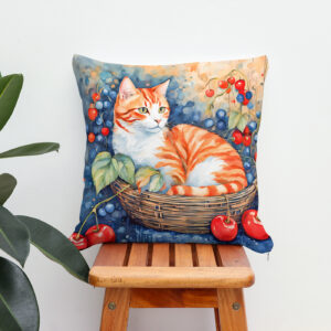 Kissen: Watercolor Cat in Basket with Cherries