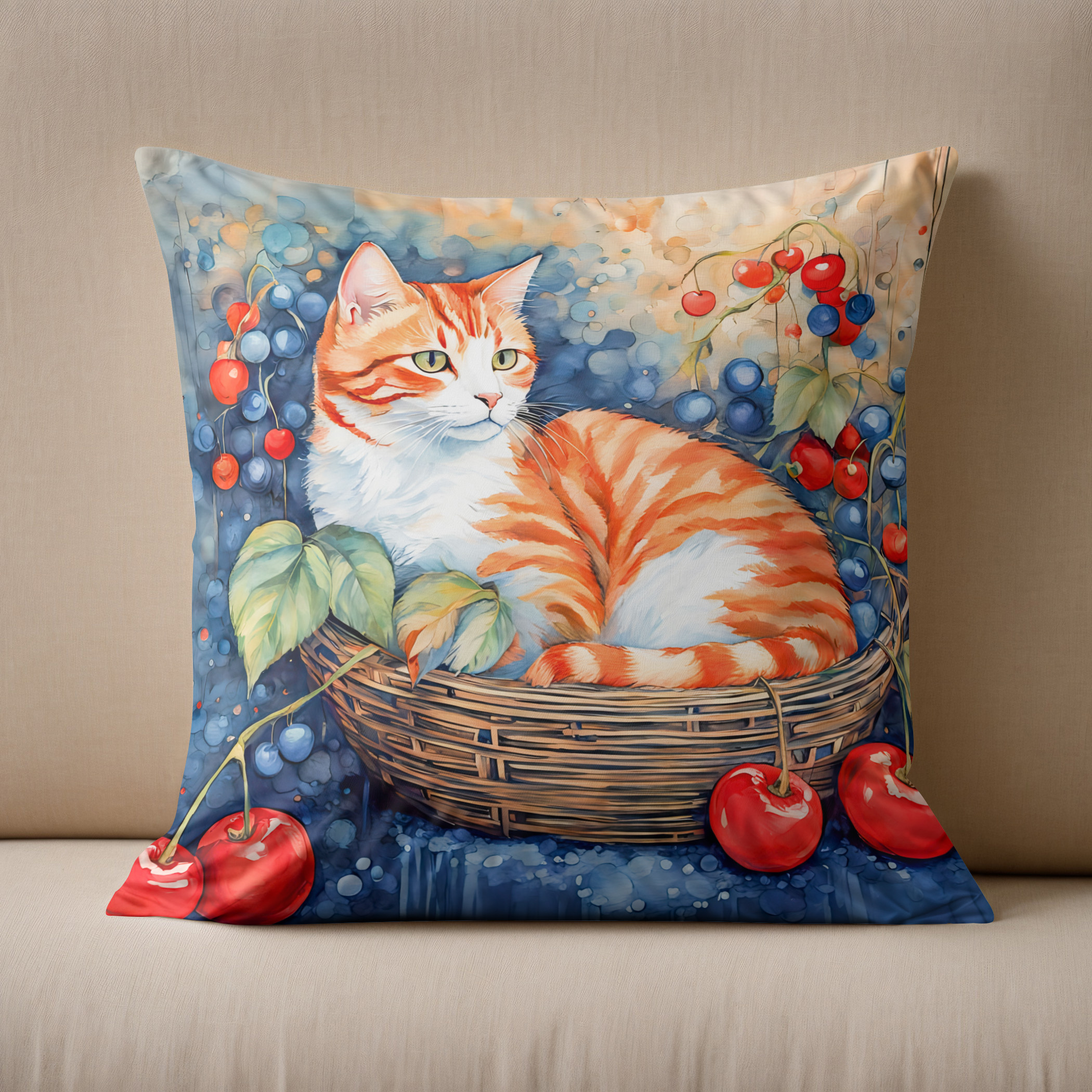 Kissen: Watercolor Cat in Basket with Cherries - immagine 2