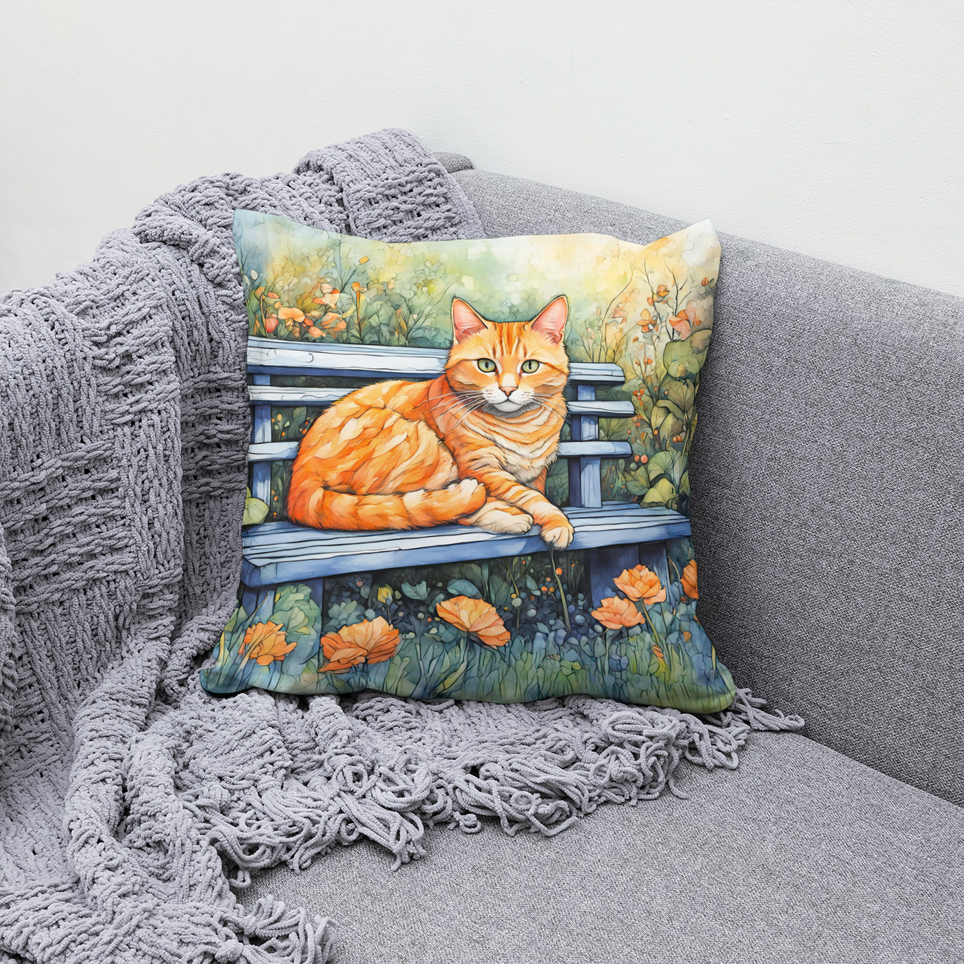 Kissen: Watercolor of Cat on Bench in Flower Garden