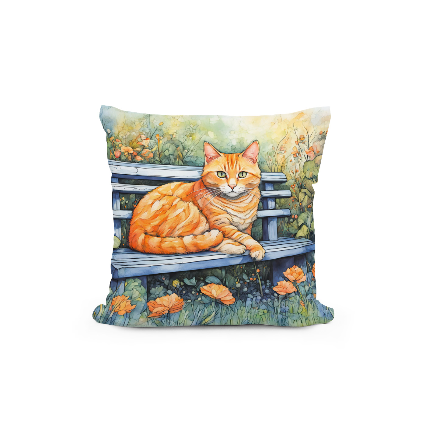 Kissen: Watercolor of Cat on Bench in Flower Garden – Bild 2