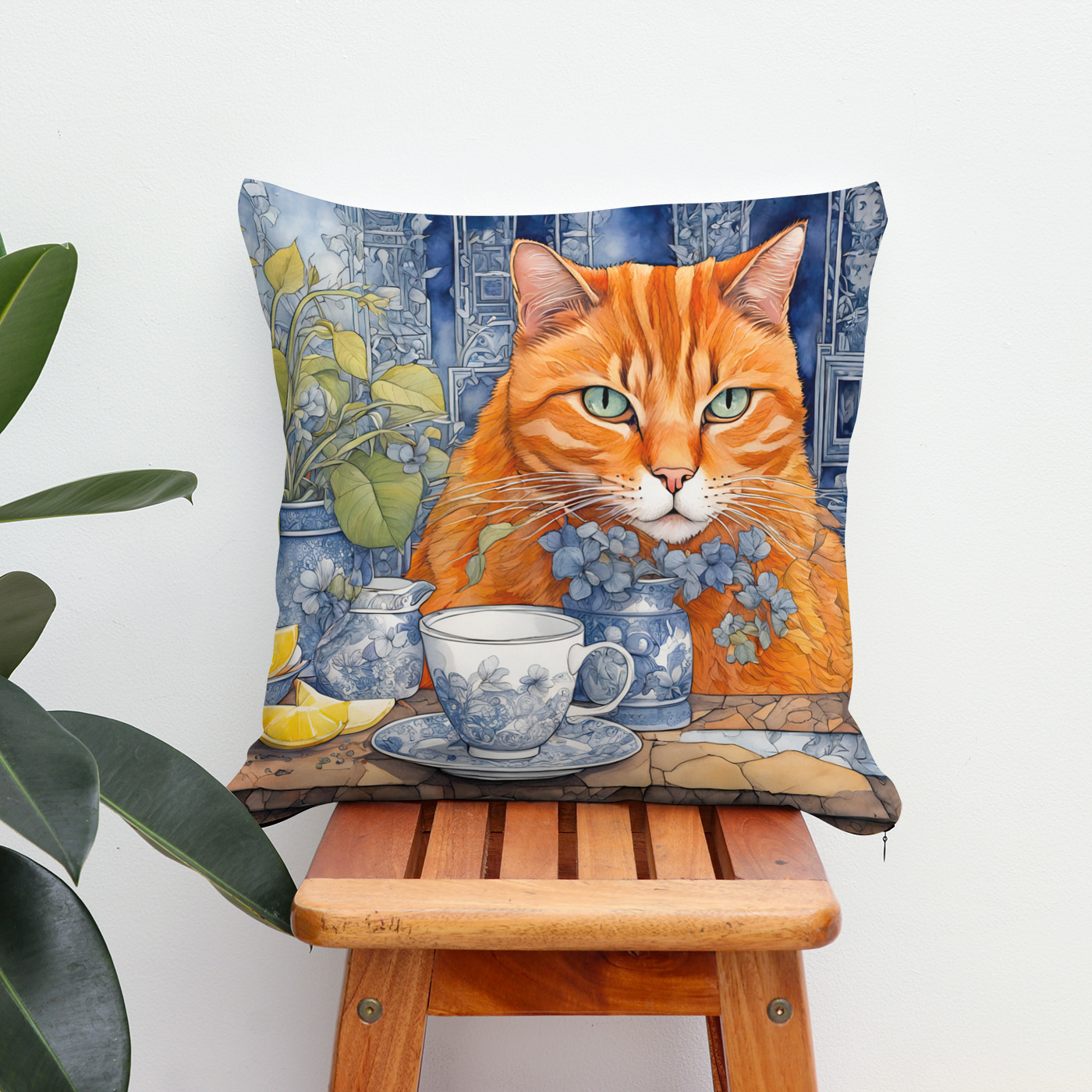 Kissen: Watercolor Orange Cat with Lemon Tea