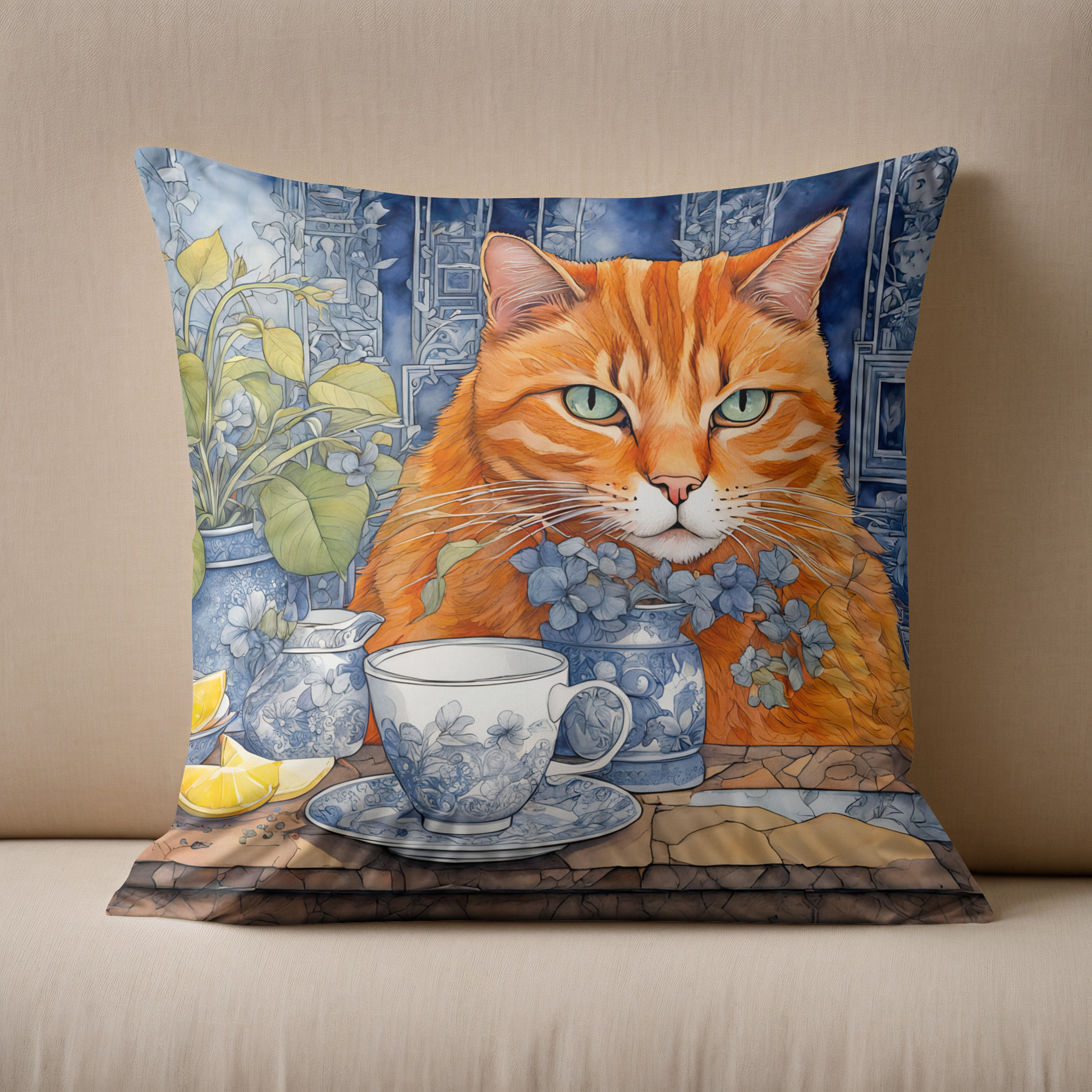 Kissen: Watercolor Orange Cat with Lemon Tea – Bild 2