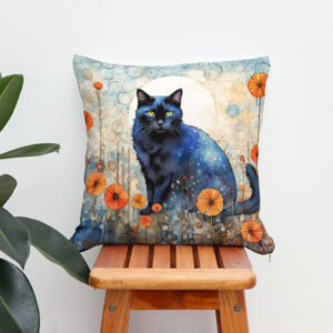 Kissen: Watercolor Black Cat in Poppy Field