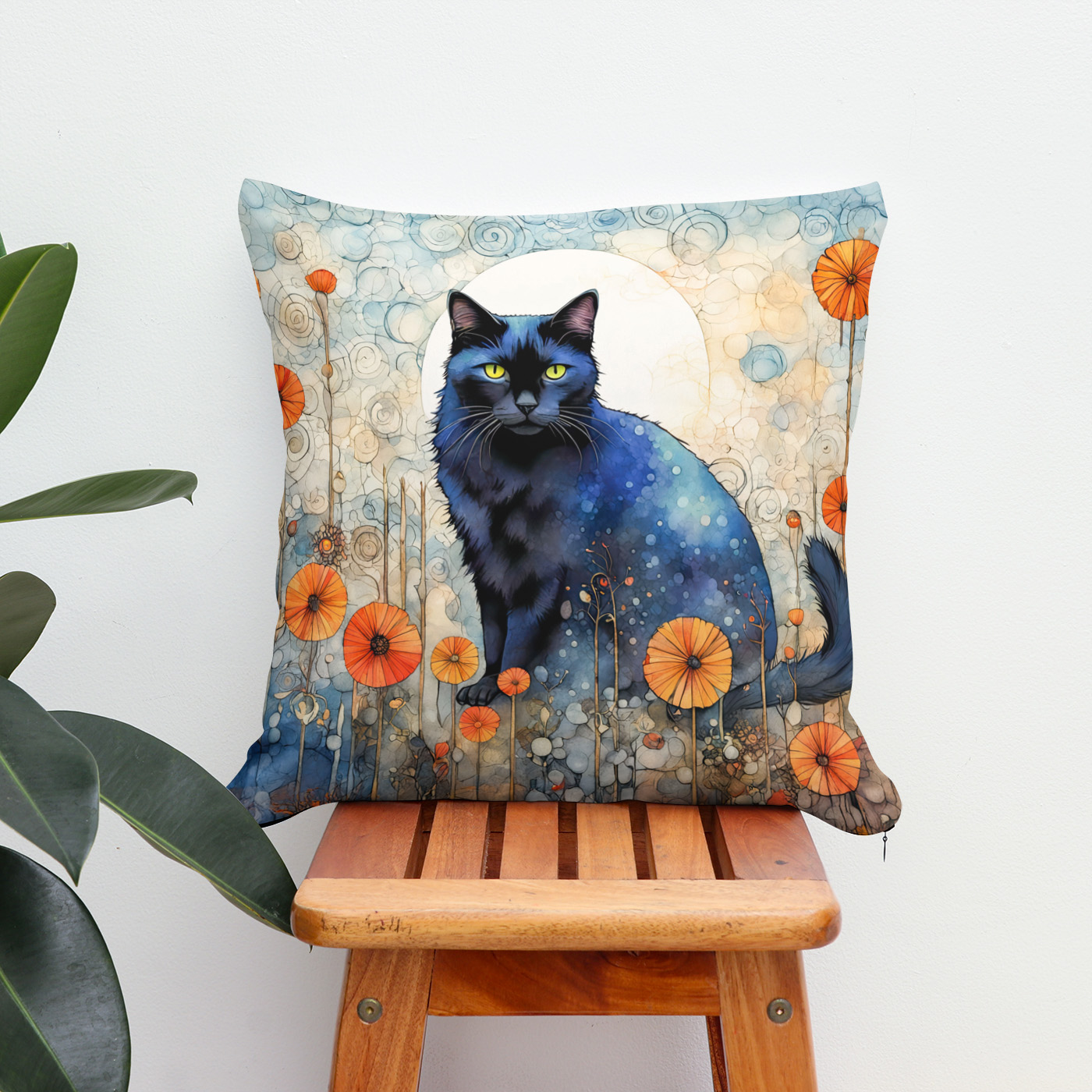 Kissen: Watercolor Black Cat in Poppy Field