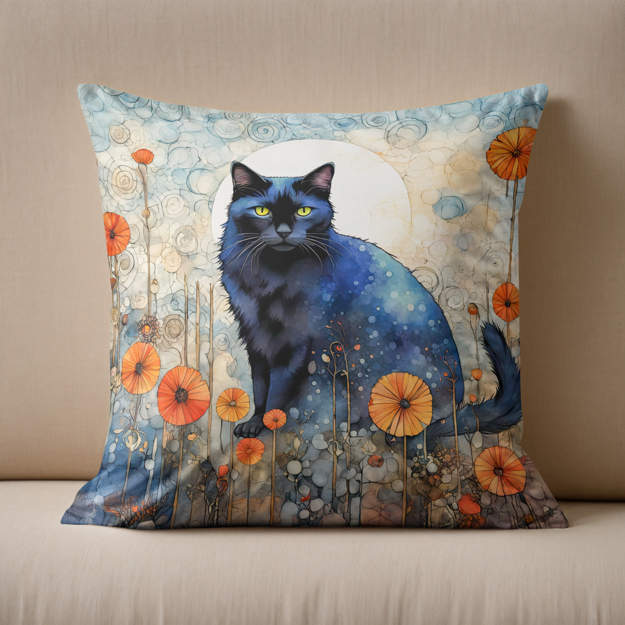 Kissen: Watercolor Black Cat in Poppy Field - immagine 2