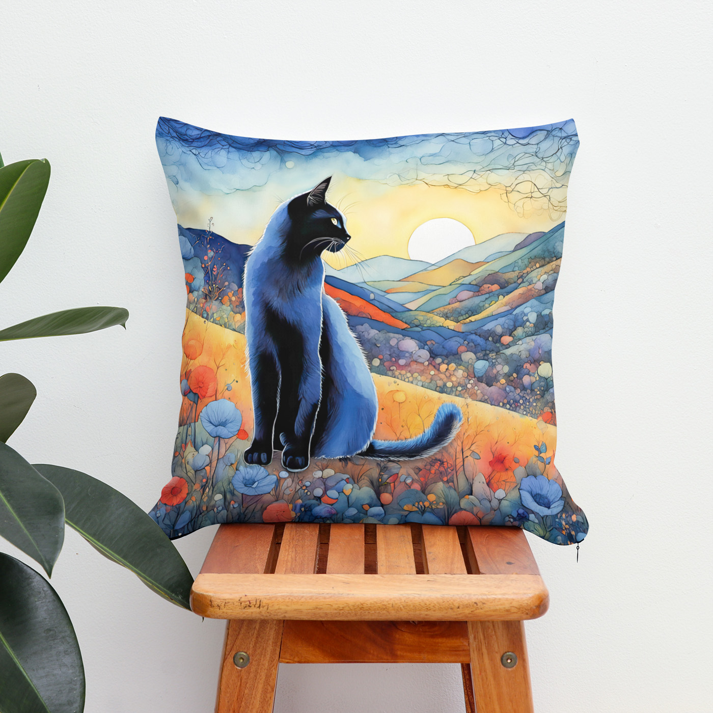 Kissen: Watercolor Black Cat in Sunset Hills