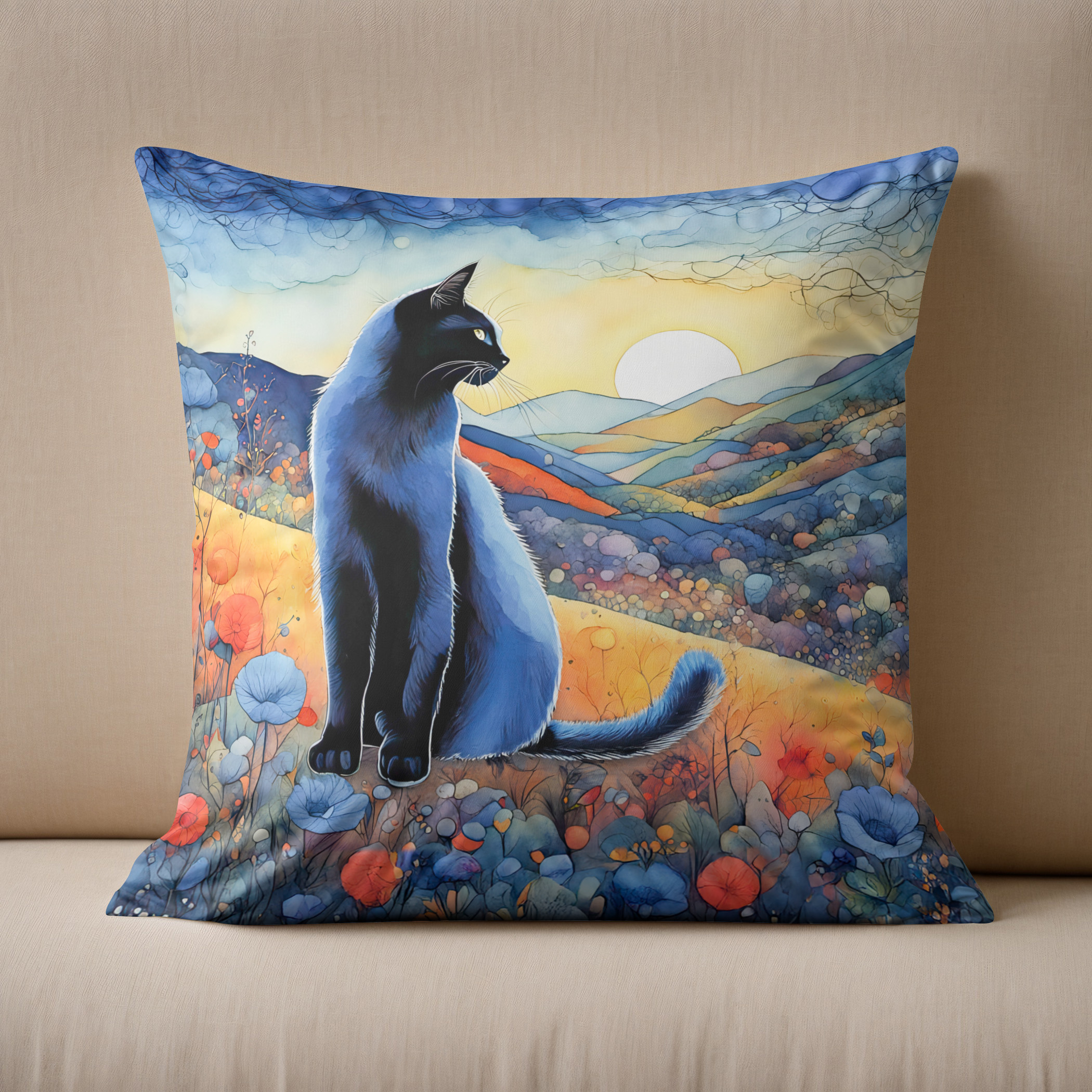 Kissen: Watercolor Black Cat in Sunset Hills – Bild 2