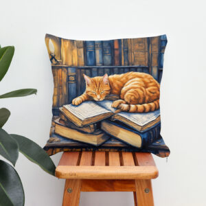 Kissen: Watercolor Orange Cat Sleeping on Books