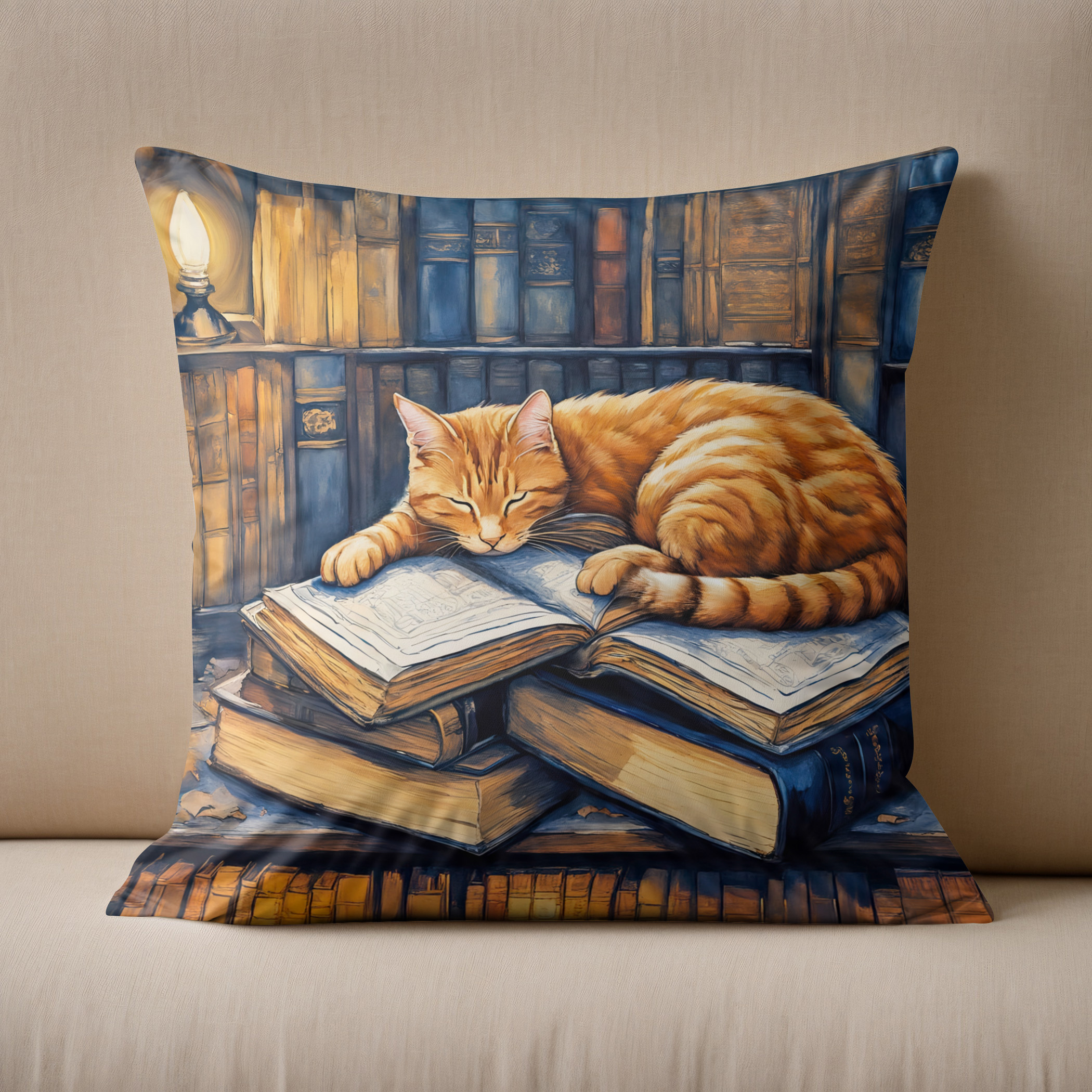 Kissen: Watercolor Orange Cat Sleeping on Books – Bild 2