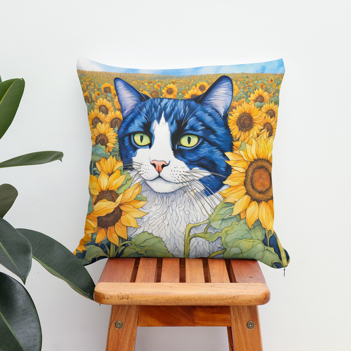 Kissen: Watercolor Blue-Eyed Cat in Sunflowers