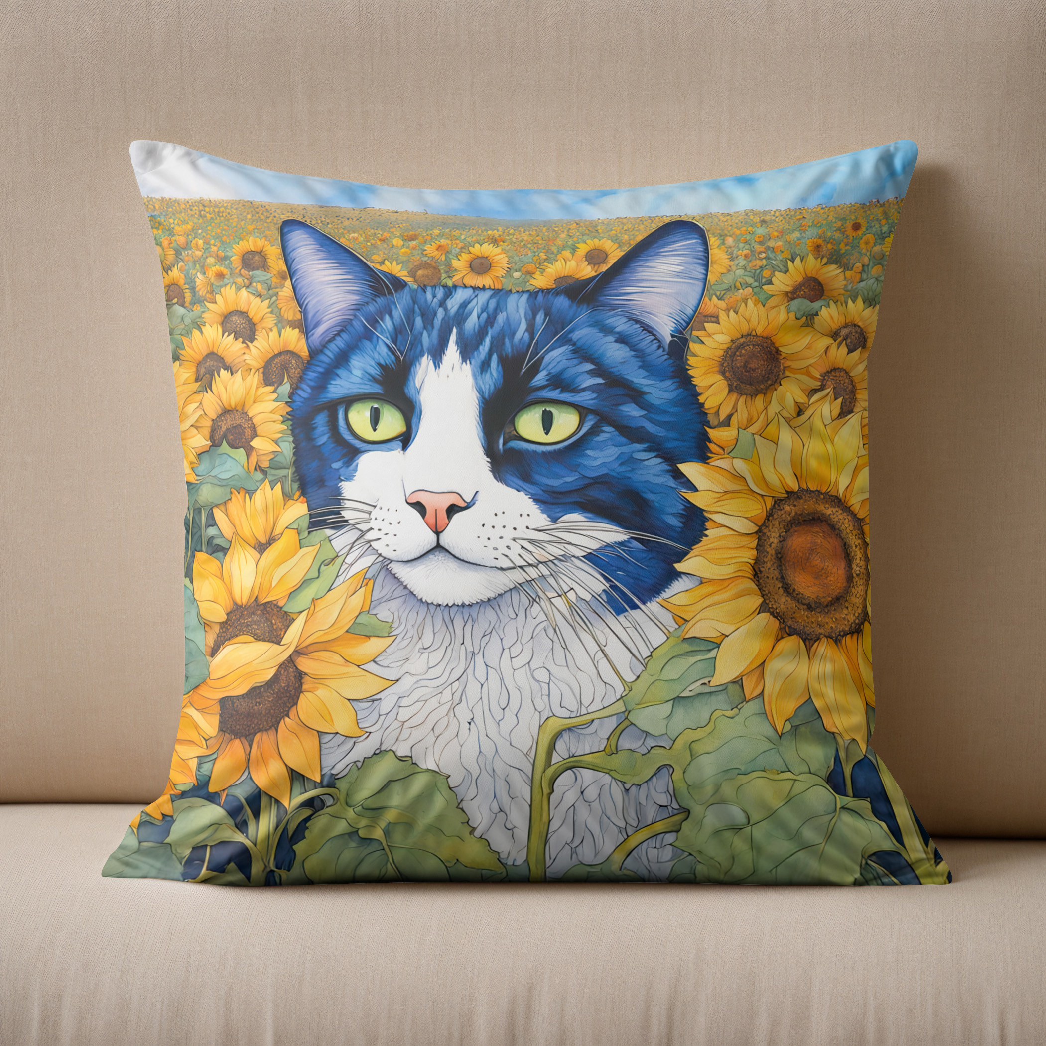 Kissen: Watercolor Blue-Eyed Cat in Sunflowers – Bild 2