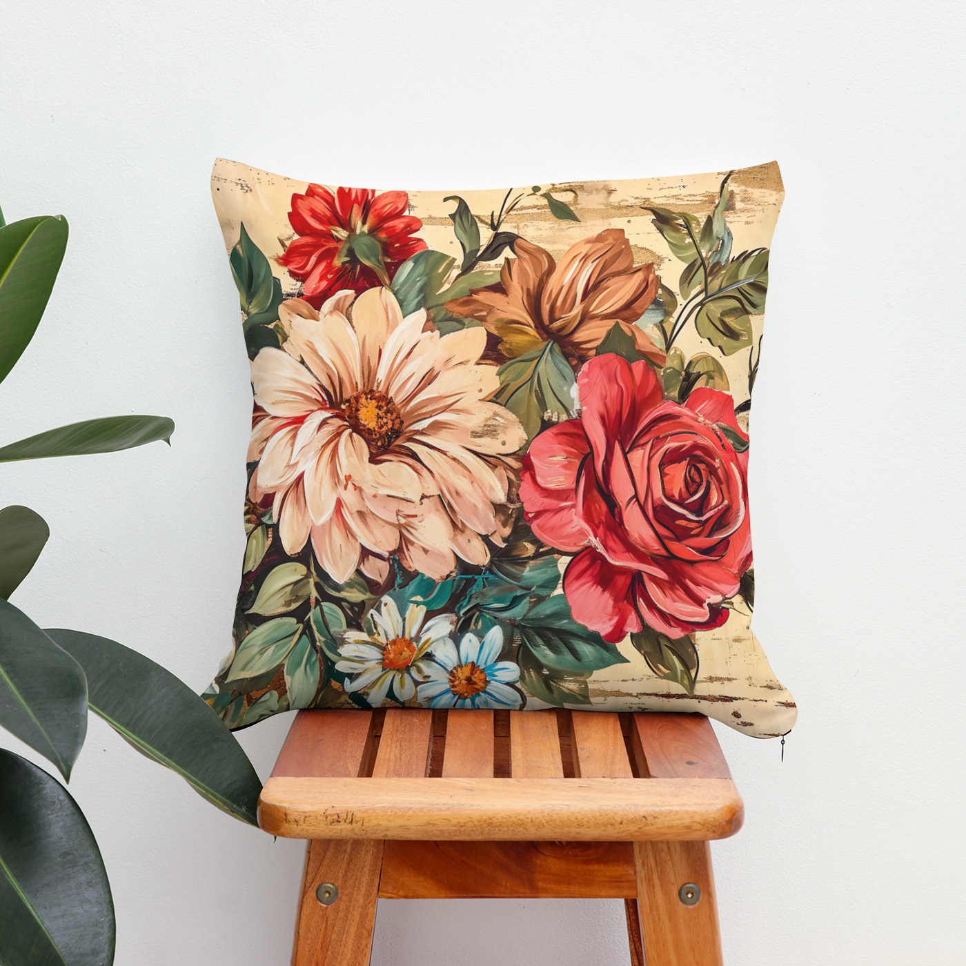 Kissen: Dahlias and Roses on Cracked Wooden Wall