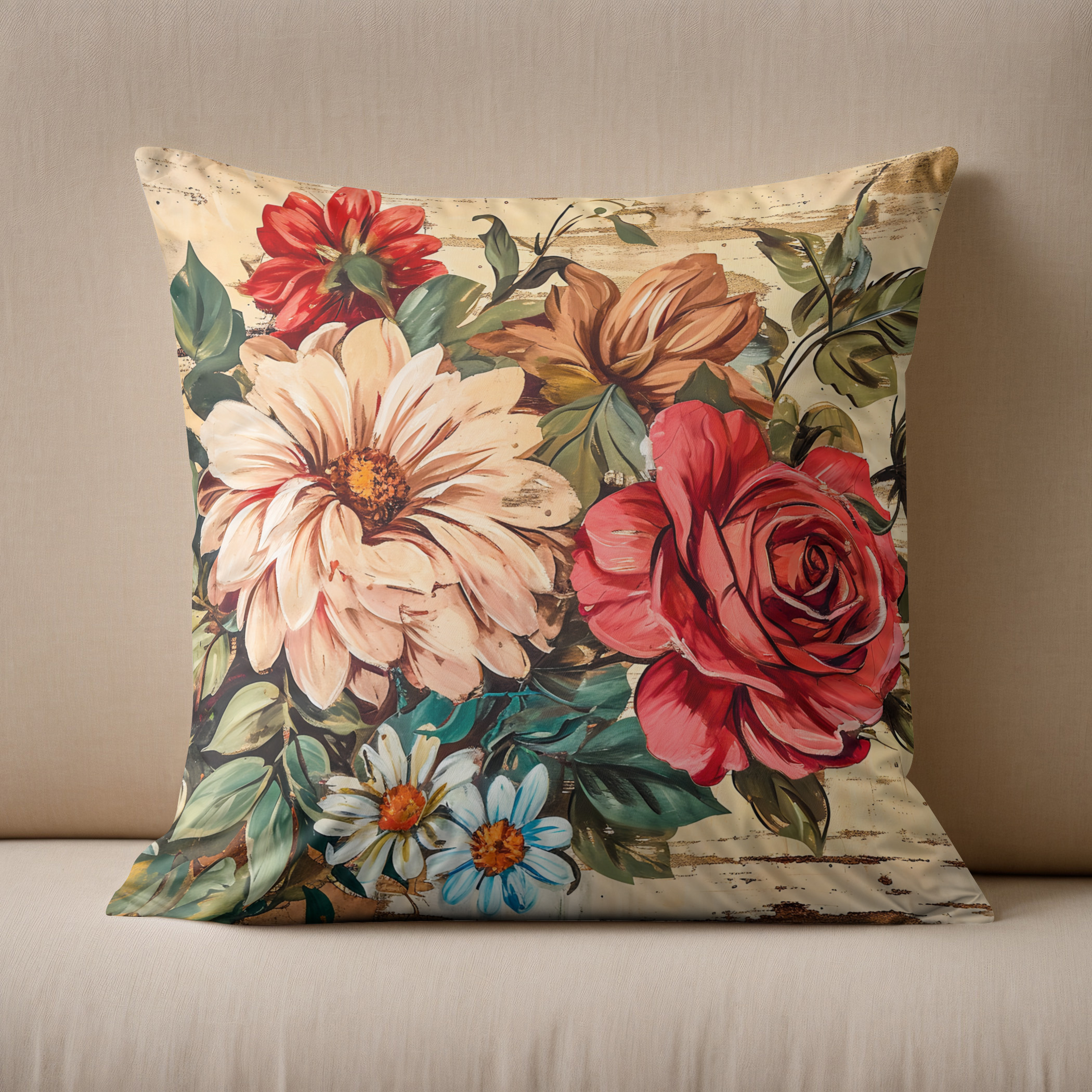 Kissen: Dahlias and Roses on Cracked Wooden Wall – Bild 2