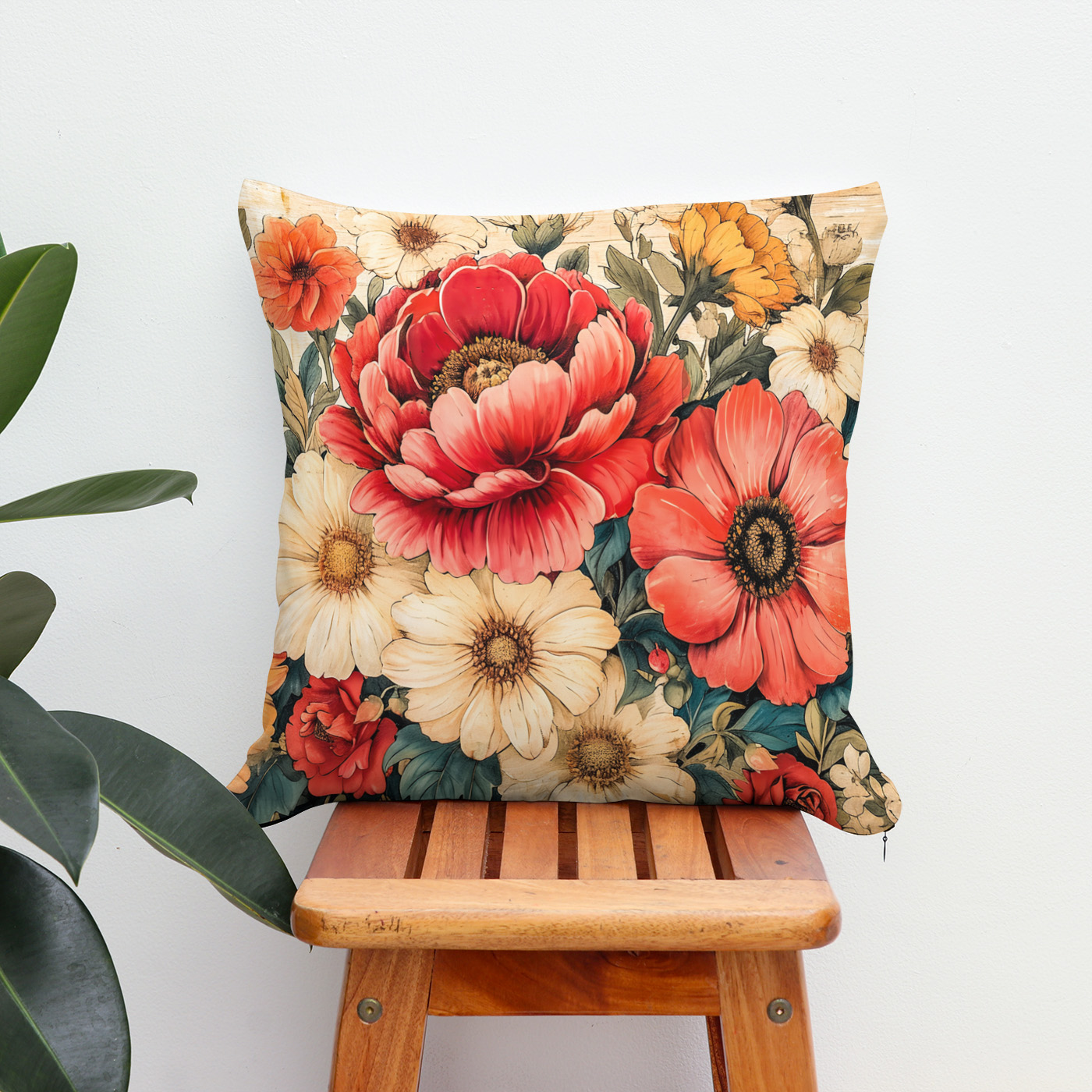 Kissen: Coral Poppies and Zinnias on Rustic Boards