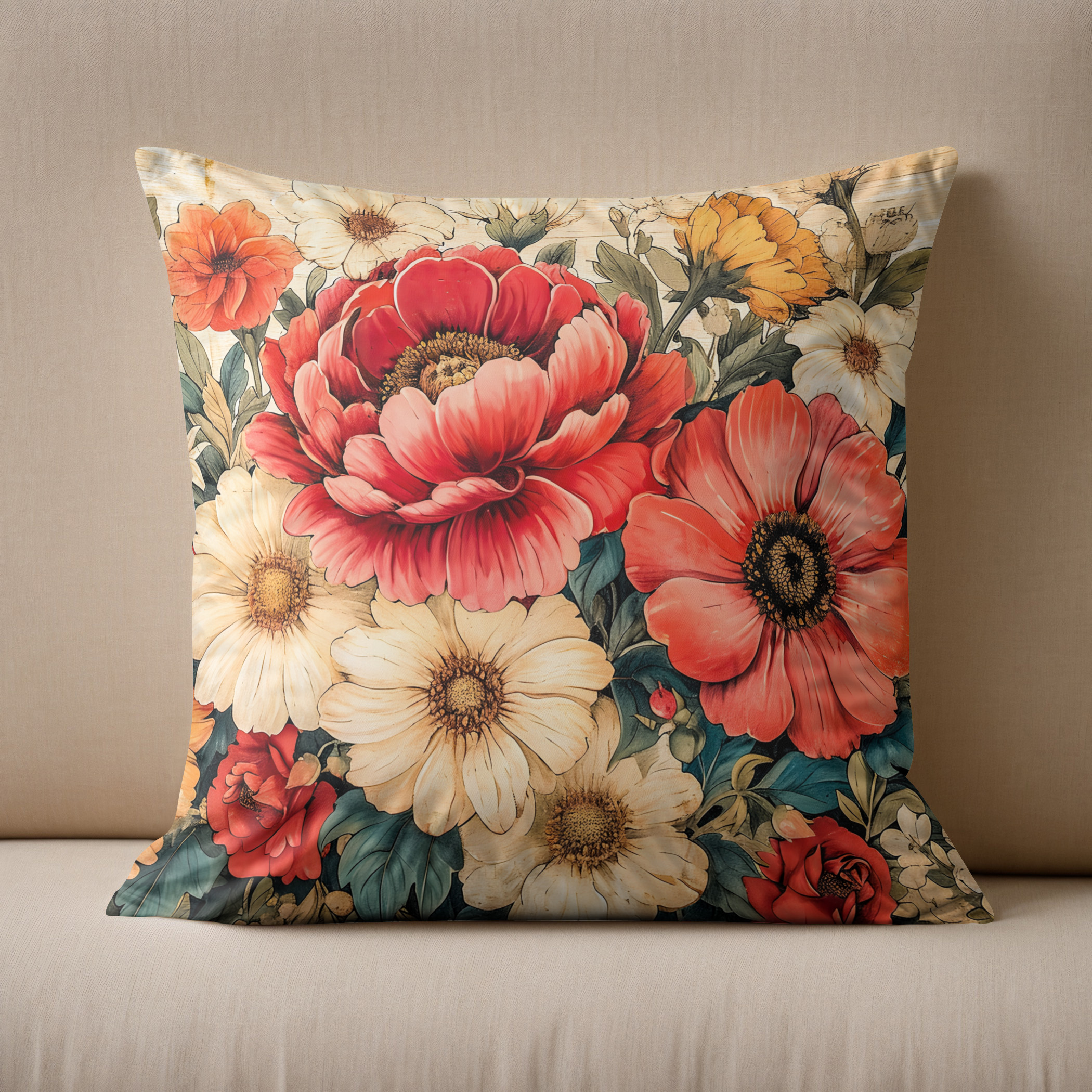 Kissen: Coral Poppies and Zinnias on Rustic Boards - Imagen 2