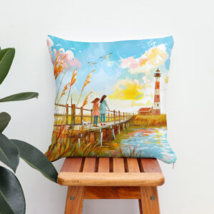 Kissen: watercolor painting Girls and Dog by Lighthouse Shore