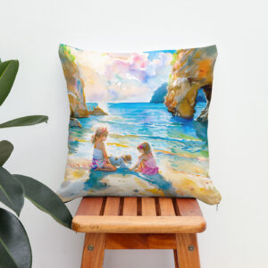 Kissen: Girls playing by seaside rock arch watercolor