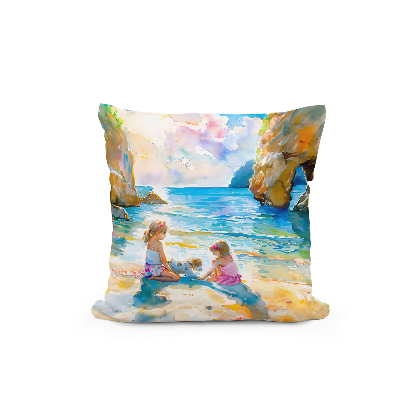 Kissen: Girls playing by seaside rock arch watercolor – Image 2