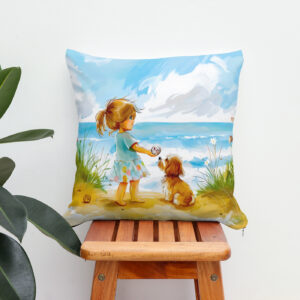 Kissen: Girl with dog playing at beach watercolor