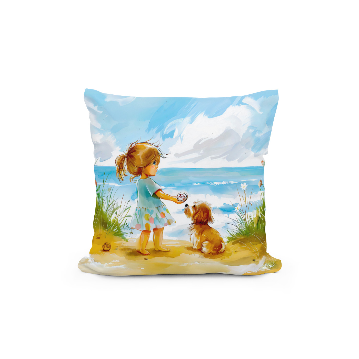 Kissen: Girl with dog playing at beach watercolor – Image 2