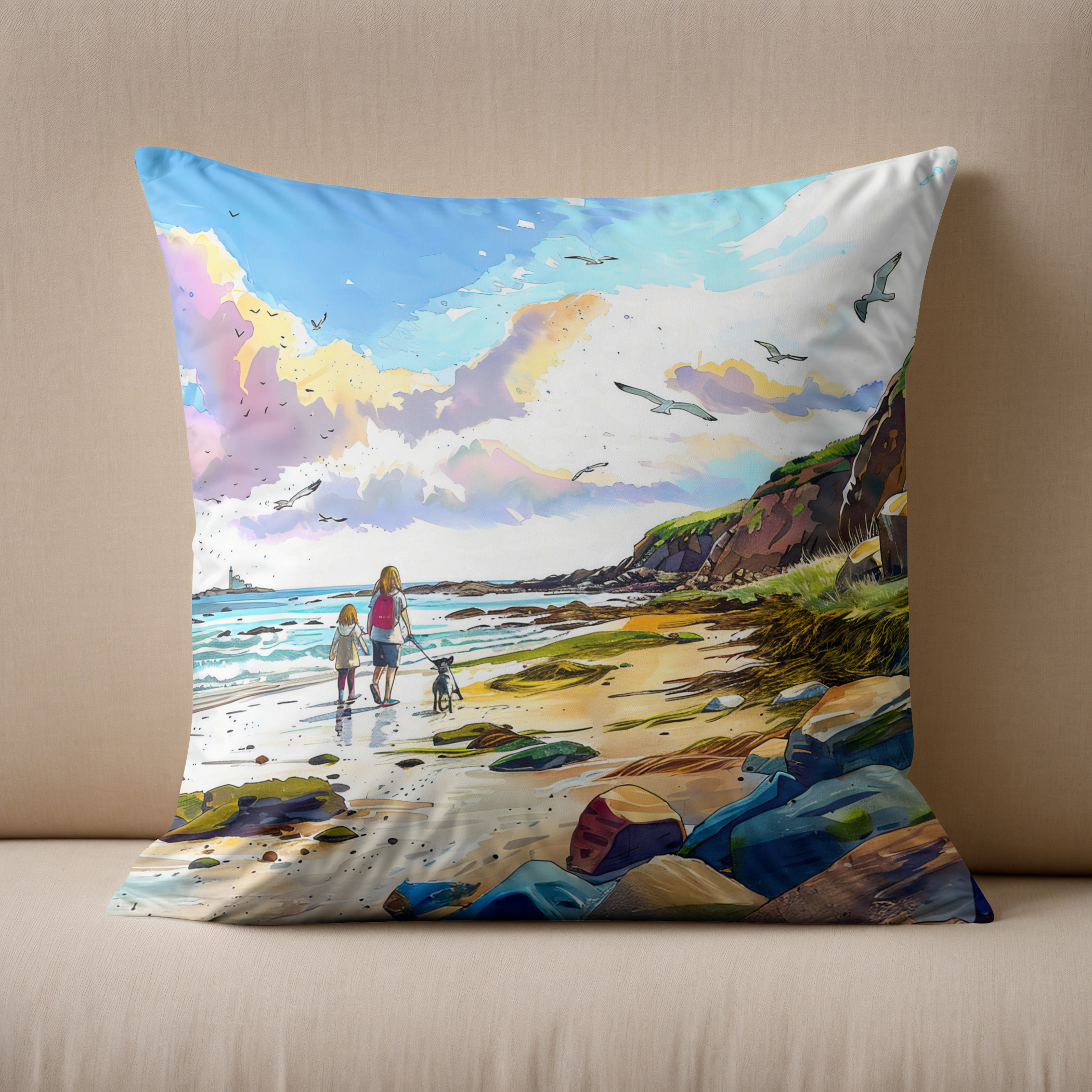 Kissen: Mother and child walking dog on beach watercolor