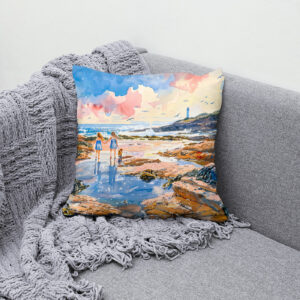 Kissen: Girls and Dog by Lighthouse Shore watercolor painting