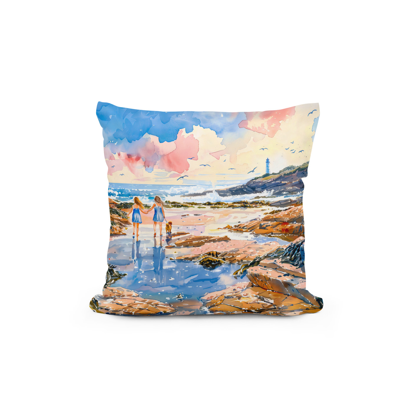 Kissen: Girls and Dog by Lighthouse Shore watercolor painting – Bild 2