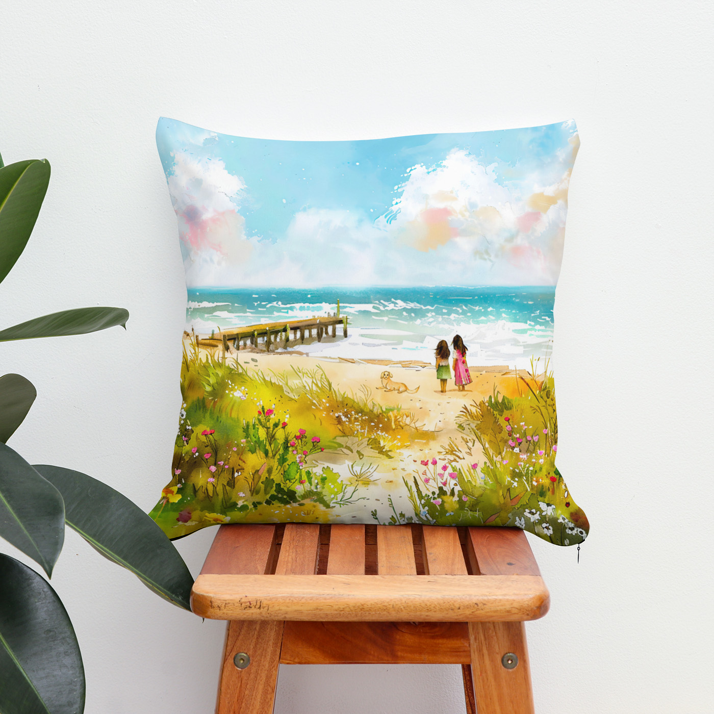 Kissen: Wildflower meadow near beach with children watercolor - immagine 2