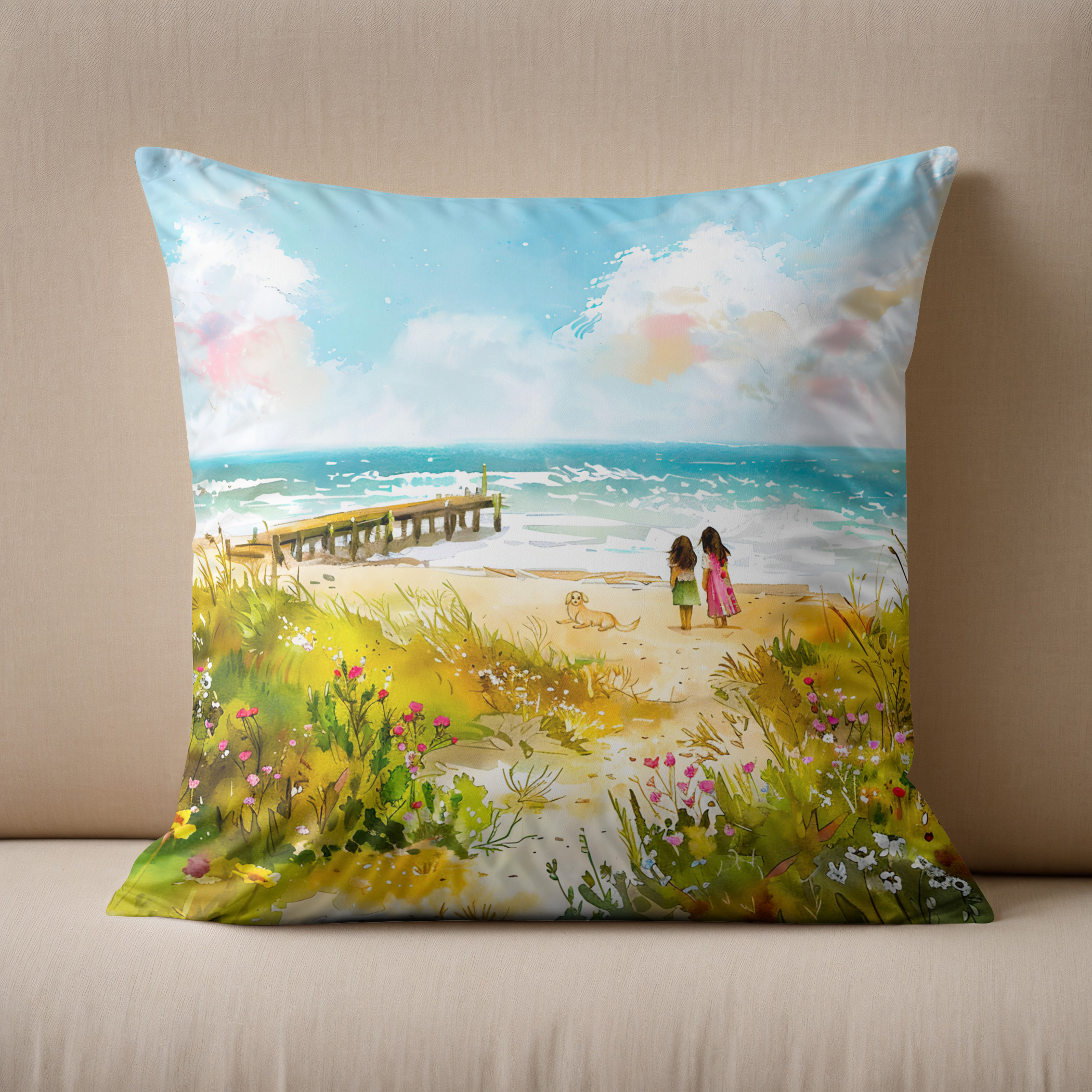 Kissen: Wildflower meadow near beach with children watercolor